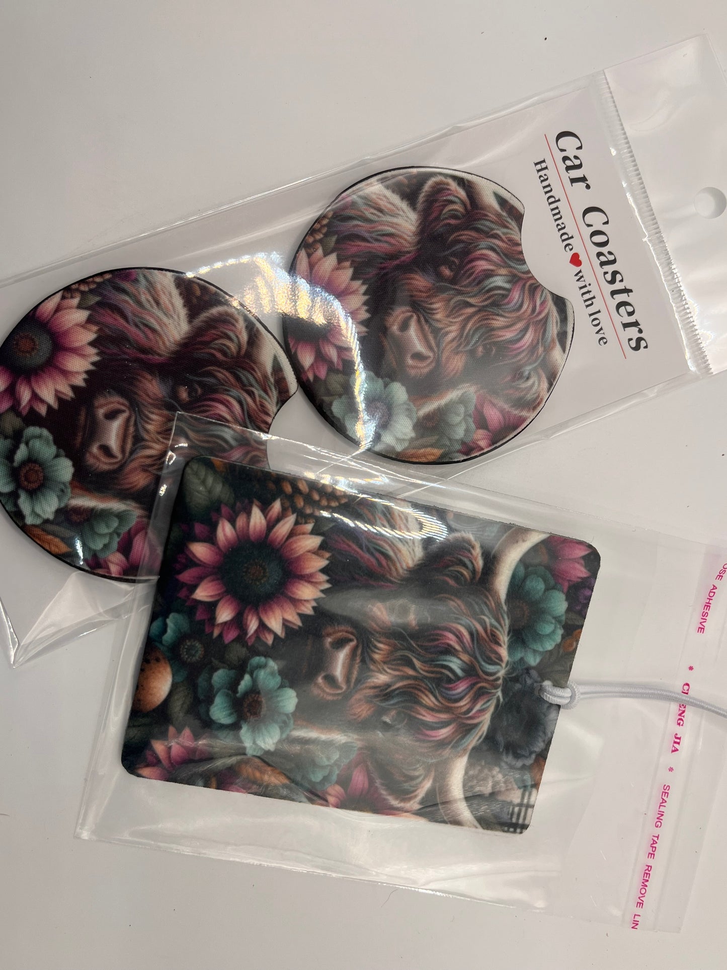 đ¸ Highland Cow Floral â Car Coaster & Freshie Set