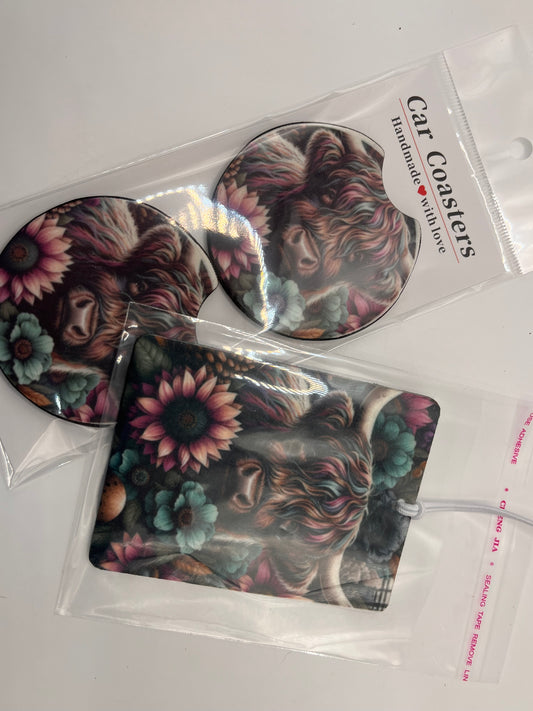 🌸 Highland Cow Floral – Car Coaster & Freshie Set